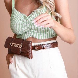 Leto Wide Clutch Fanny Pack 6 Ring Decorated Chain Belt Bag Deep Brown Color